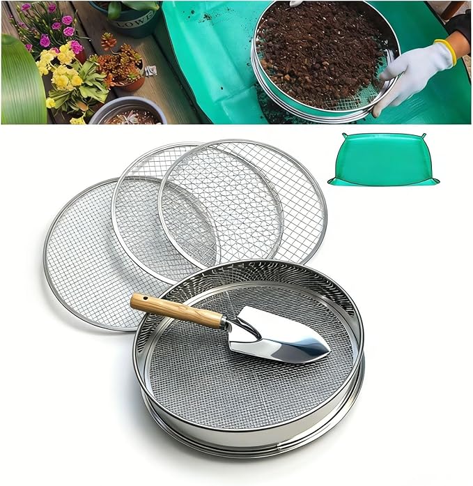 Soil Sifter for Gardening 12 Inch Stainless Steel Soil Sifter with 4 Replaceable Fine Screens and Shovel Sieve for Sand Rocks Dirt Compost