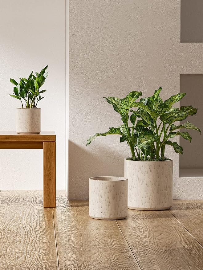 LE TAUCI Ceramic Pots for Plants 10/8/6 Inch Indoor Planters with Draiange Hole Silicone Plug &amp Mesh Pad Modern Minimalist Pots for Home Office Set of 3 Glossy Linen Birch