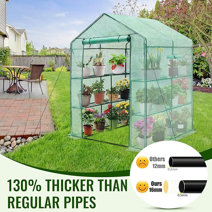 Greengro Greenhouse 57 x 57 x 76'' Greenhouses for Outdoors Durable Green House Kit with Window Thicken PE Cover 3 Tiers 8 Shelves Heavy Duty Walk in Green Houses for Indoor Backyard Outside