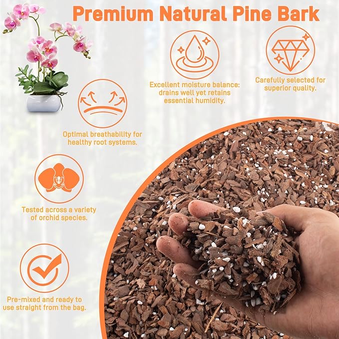 Orchid Bark Potting Mix - 18QT Natural Orchid Potting Mix for Repotting Blended with Small Pine Bark and Perlite to Provide Ideal Ventilation and Good Drainage for Orchids and Other Potted Plants