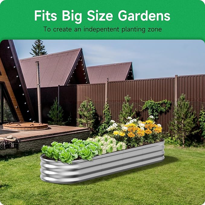 GreatBuddy Galvanized Raised Garden Bed 8×2×1ft Easy Assembly Outdoor Metal Planter Boxes for Vegetables Flower Herb Anti-Rust&amp Weather-Resistant Oval Silver