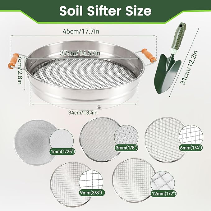 Large 14.57 Soil Sifter with 5 Interchangeable Stainless Steel Mesh Screens (1/3/6/9/12mm) + Stainless Steel Hand Trowel + Galvanized Garden Sieve for Compost Sand Gravel &amp Cat Litter (Silver)
