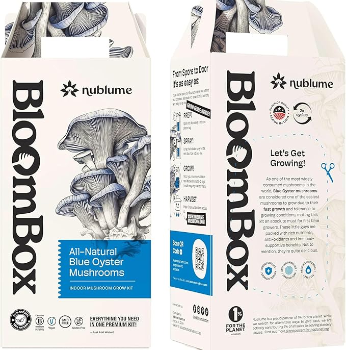 BloomBox Blue Oyster Mushroom Grow Kit – Ready to Fruit Indoor Gardening Gift – Organic Spawn Log for Fresh Fungi in 10 Days – Unique DIY STEM Science Project for Kids &amp Adults – Vegan Meat Substi