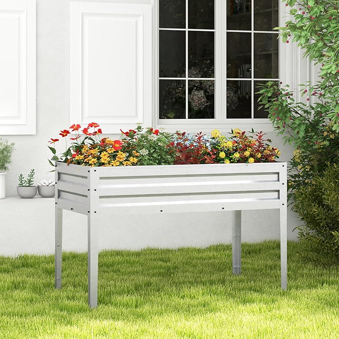 HAPPYGRILL Raised Garden Bed Galvanized Garden Box with Legs Drainage Holes 2 Gloves Outdoor Planter Box for Garden Backyard &amp Patio 46”x 24” x 32” Sliver