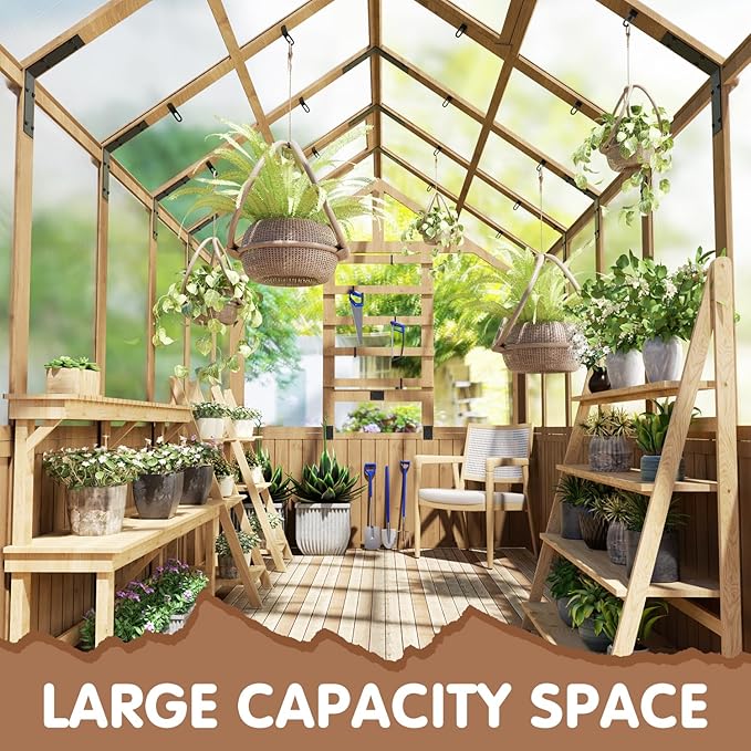 EBE 6'x12' Wood Greenhouse Walk-in Greenhouse Outdoor with Polycarbonate Panel Garden Greenhouses with Adjustable Roof Vent for Patio Yard and Backyard
