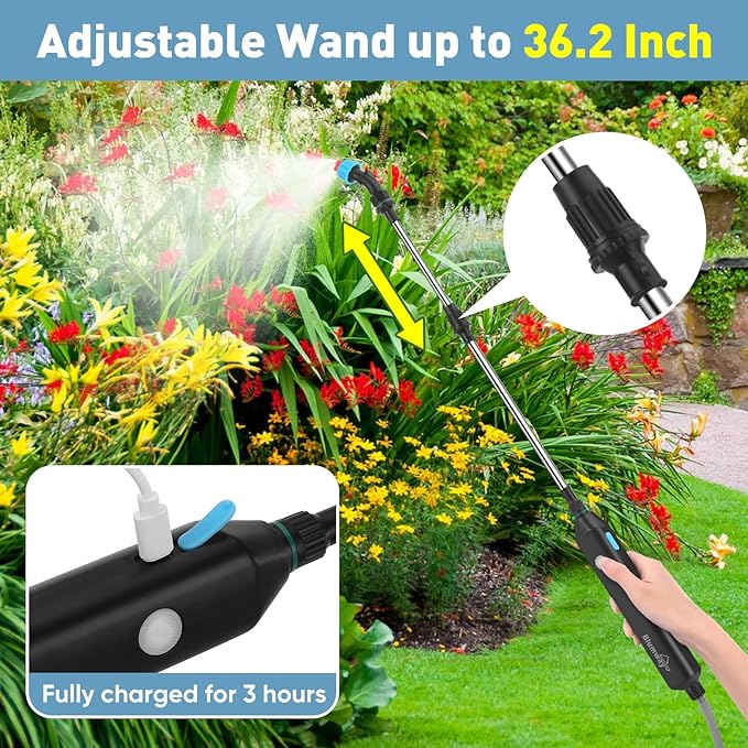 BlumWay Battery Powered Sprayer 2 GallonPowerful Electric Sprayer with 3 Mist Nozzles Retractable Wand Garden Water Spray with Adjustable Shoulder Strap for LawnGardening