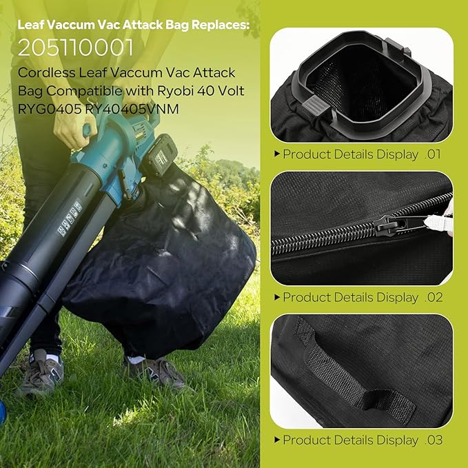 Leaf Bag Replacement Part # 205110001 Compatible with Ryobi 40V Vac Attack Leaf Blower Vacuum Mulcher RY40405 RY40405VNM - for Ryobi Leaf Blower &amp Vacuum Accessories (Black)