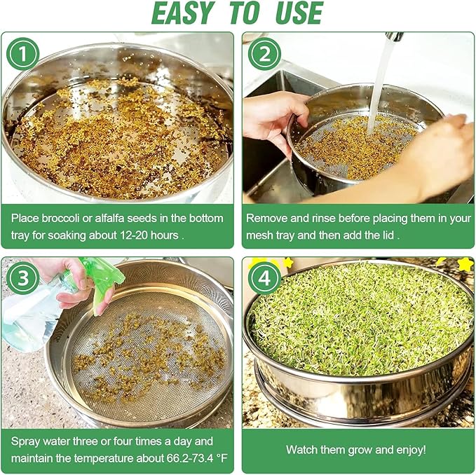 Stainless Steel Seed Sprouting Kit - 4-tier Microgreens Growing Tray 6in Dia Stackable Round Seed Sprouter Maker with Encrypted Mesh Sprouts Grower for Beans Broccoli Alfalfa Seeds Wheat Grass