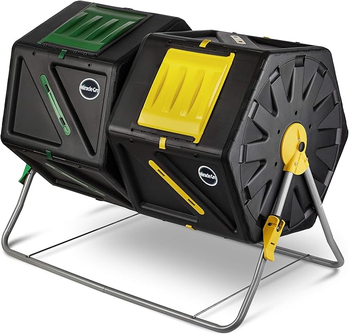 Miracle-Gro Large Dual Chamber Compost Tumbler 55.4 Gallons – Easy-Turn Fast-Working System – All-Season Heavy-Duty High Volume Composter with 2 Sliding Doors (2 x 27.7 gallons)