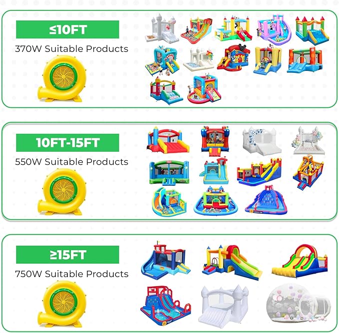 Bounce House Blower Air Blower for Bounce House Water Slide &amp Inflatable–IPX4 Waterproof PP Shell 110-120V with 4 StakesBullet-370W