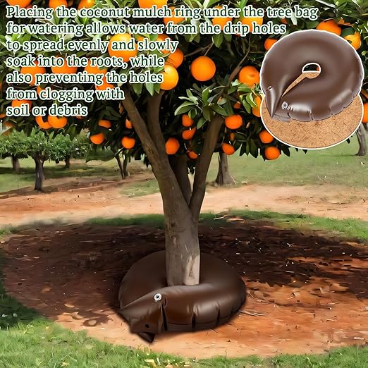 4 Set Tree Watering Ring 20gal Watering Bags with Coconut Fiber Mulch Ring – Deep Root and Slow Release Automatic Drip Irrigation System for New Trees Multi-Trunk Trees and Shrubs