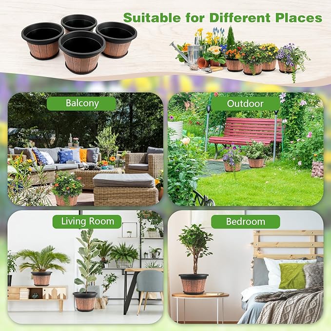 Quarut 4 Pack 10 inch Plant PotsUpgrade Whiskey Barrel Planters with Drainage Holes &amp SaucerPlastic Decoration Flower Pots Retro DesignPlanters for Outdoor Indoor Garden Home Plants (Brown)