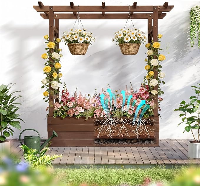 Outvita Raised Garden Bed with Trellis Wood Planter Box with Hanging Roof Side Trellis and Drainage Holes Above Ground Elevated Garden Bed for Outdoor Climbing Plants Vegetables(Carbonized Color)