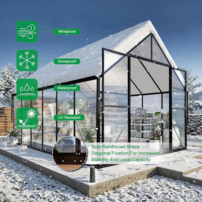 8x12 FT Greenhouse for Outdoors Polycarbonate Green House with Adjustable Roof Vent and Rain Gutter Aluminum Large Walk-in Greenhouse with Quick Setup Structure for Outside Garden Backyard Patio