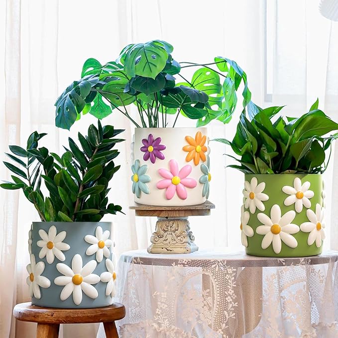 GUGUGO 8 Inch Daisy Planters Decorative Large Plant Pots with Drainage Holes Funny Unique Flower Pot for Indoor Plants Colorful Gardening Pot for Boho Modern Home Décor Blue