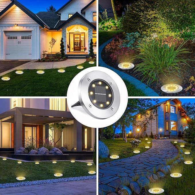 Solar Ground Lights Outdoor In-ground Pathway Light 8/16 PCS LED Solar Disk LampWaterproof Garden Landscape Lighting for LawnYardDeckPatioWalkway(Warm Light16PCS)