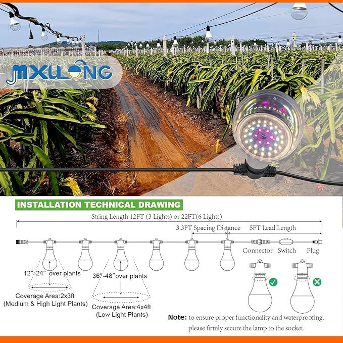 Grow Light Bulbs LED Growth Bulb A25 Full Spectrum Plant Light E26 Base 15W houseplant Growting lamp Seed Start Greenhouse Indoor or Outdoor (Grow Bulb (6 Lights and Cord))