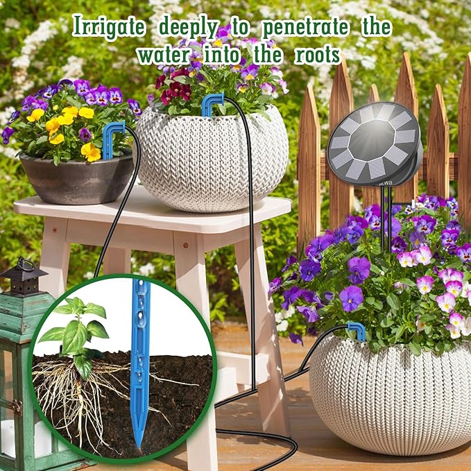 Solar Automatic Drip Irrigation System Kit DIY Irrigation System for Garden Outdoor/Indoor Gardening System Plant Watering System Drip Irrigation System 9 Timing Modes with Anti-Siphon Set