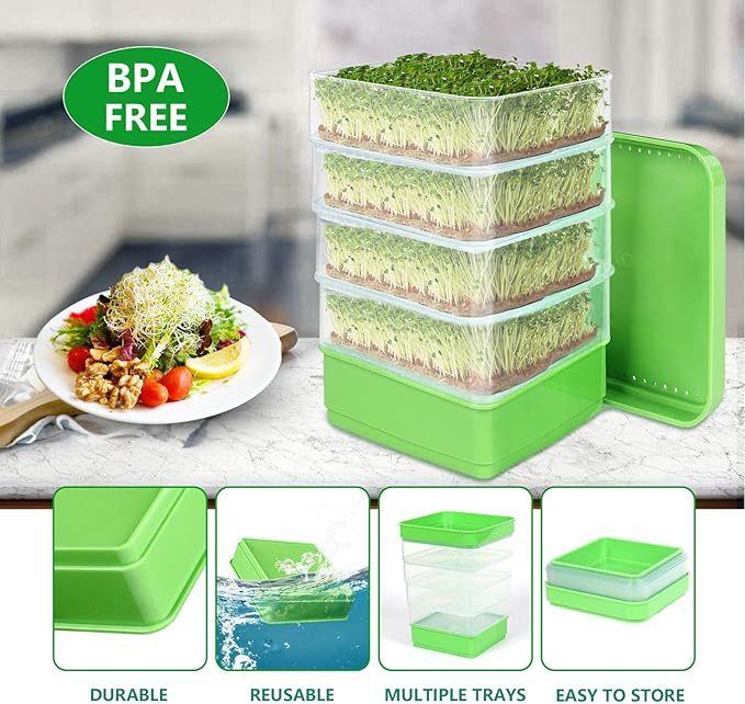 Stackable Sprouter Kit 4 Tier Space Saving Multipurpose Micro Vegetable Growing Tray for Bean Sprouts Microgreens (with Sunshade)