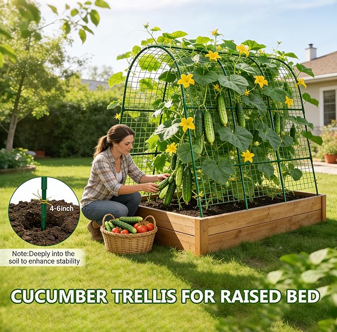 Cucumber Trellis for Raised Bed Arch U-Shaped Garden Trellis for Climbing Plants Adjustable Plant Support with Climbing Net for Cucumbers Tomatoes Peas Beans &amp Vine Flowers (50x47x45 Inch)