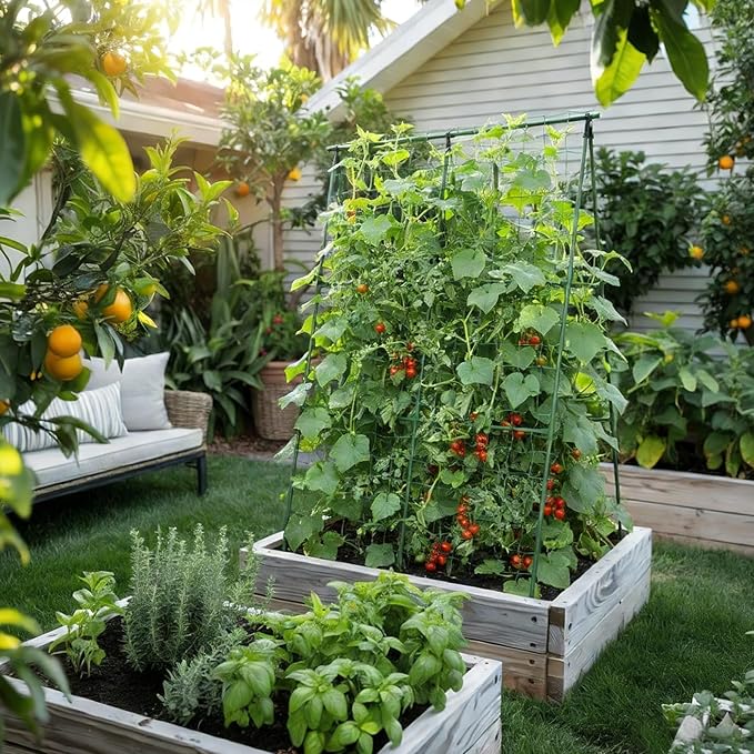 Compact A-Frame Plant Trellis for Peas Beans &amp Small Climbing Plants - 47'' H x 31.5'' W PE-Coated Galvanized Steel Garden Support with Netting Ideal for Raised Beds &amp Container Gardens