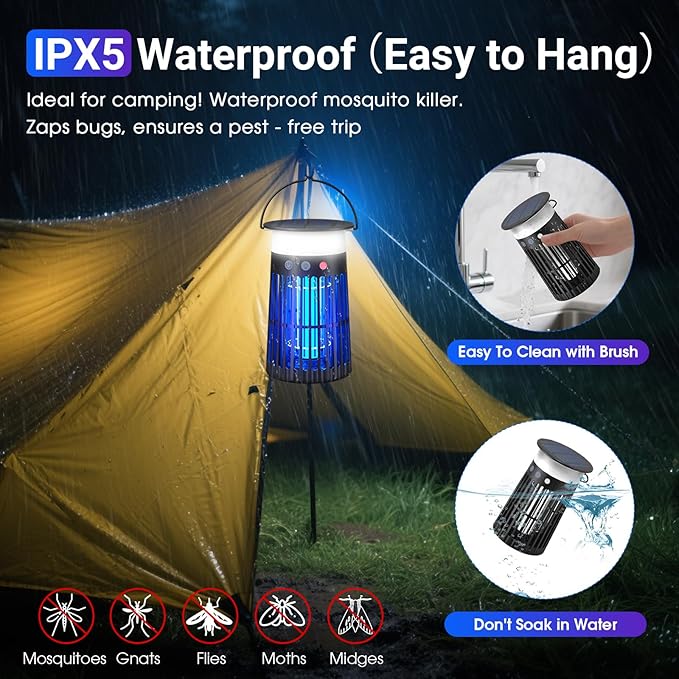 Solar Bug Zapper Outdoor Portable Electric Mosquito Killer with Panel Sensor Rechargeable Insect Trap with LED Night Light and Flame Effect Ideal for Outside Patio Backyard and Camping (1 Pack)