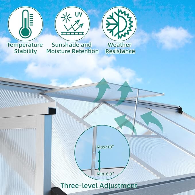 GAOMON 6 x 8 ft Greenhouse for Outdoor with Sliding Door Green House with Polycarbonate Panel &amp Ajustable Roof Vent &amp Ground Nails Walk-in Aluminum Greenhouses for Garden Patio