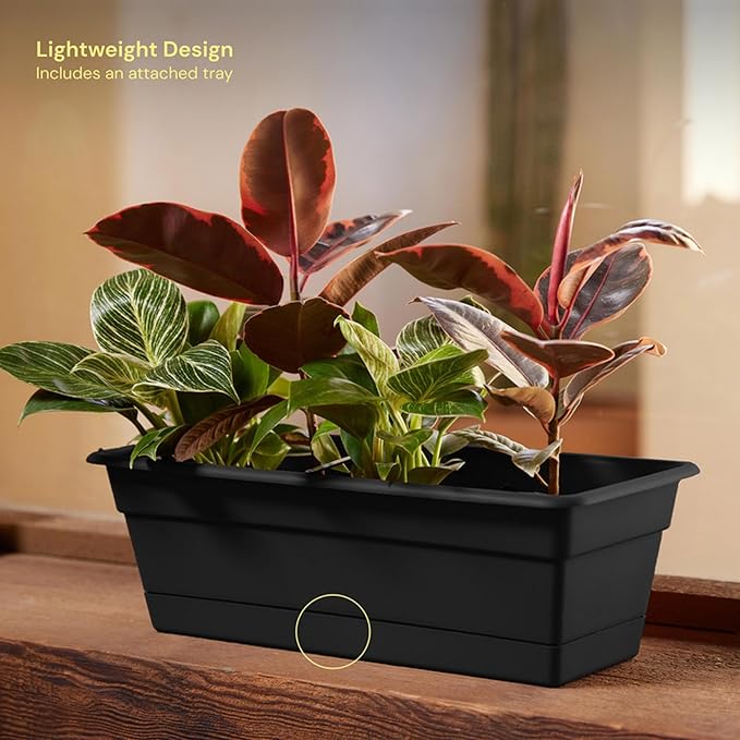 Bloem Dura Cotta 18 Black Resin Rectangle Window Box Planter with Saucer Tray for Indoor and Outdoor Gardening