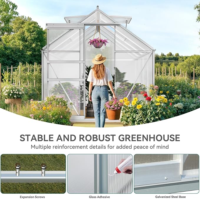YITAHOME 6x8FT Polycarbonate Greenhouse Heavy Duty Green Houses Outdoor Aluminum Greenhouses with Sliding Doors Vent Window Walk-in Greenhouse Large Sun House for Garden Backyard Matte Silver
