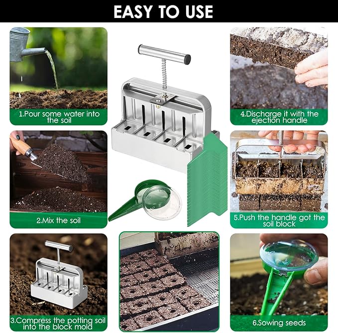 Soil Blocker 2 inch Manual Soil Block Maker Handheld Gardening Seedling Tool with Comfortable Handle for Gardens Farms Seedings Cuttings Greenhouses Gardens (Type 4)