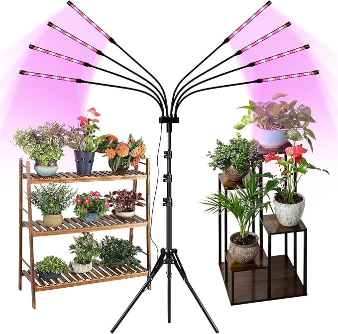 Grow Lights for Indoor Plants 8 Heads Full Spectrum Plant Lights for Indoor Growing with Tripod Stand Auto On/Off Timing 4/8/12H LED Grow Lights for Indoor Plants. (10 Arms Mix Spectrum)