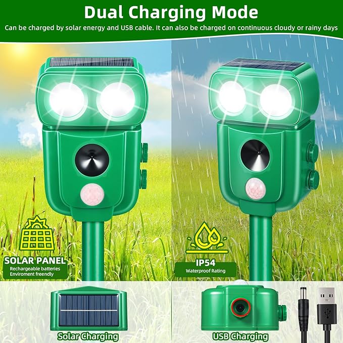 Solar Ultrasonic Animal Repellent Outdoor 4 Pack Cat Squirrel Rabbit Dog Deer Repellent Devices Skunk Coyote Raccoon Fox Deterrents Light Animal Repeller with Motion Sensor for Yard Garden (4 Green)