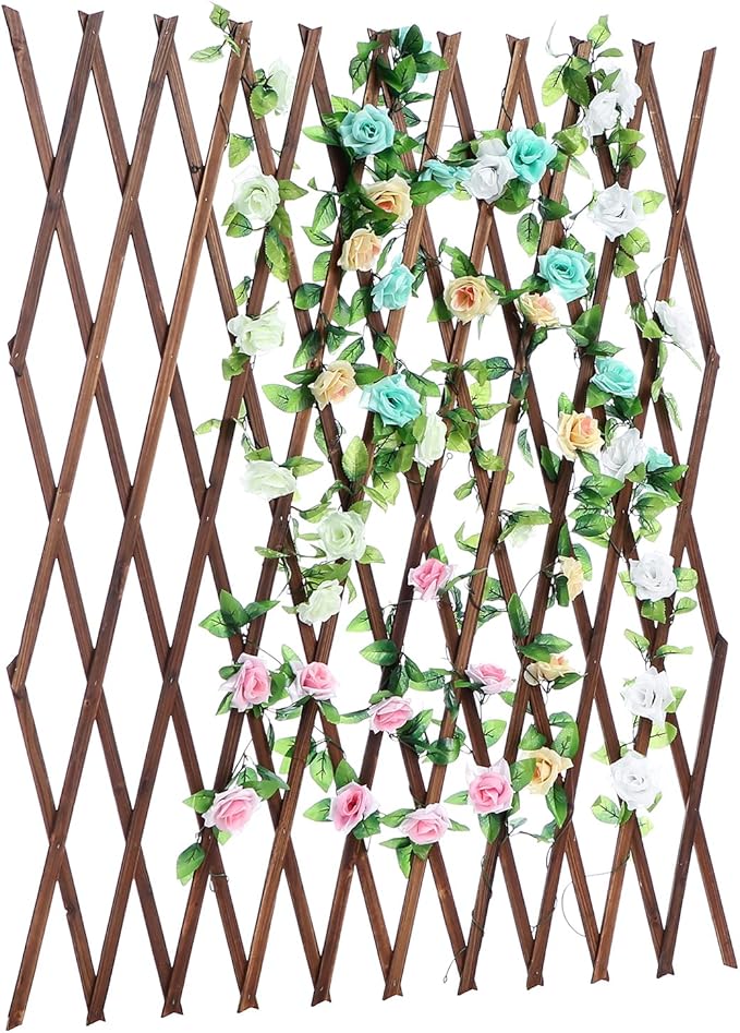 MyGift Nature Wood Trellis Expandable Wall Lattice Panels for Outside Decorative Lattice Trellis Frame for Climbing Plants Vine Ivy Rose Cucumbers Outdoor Balcony Garden