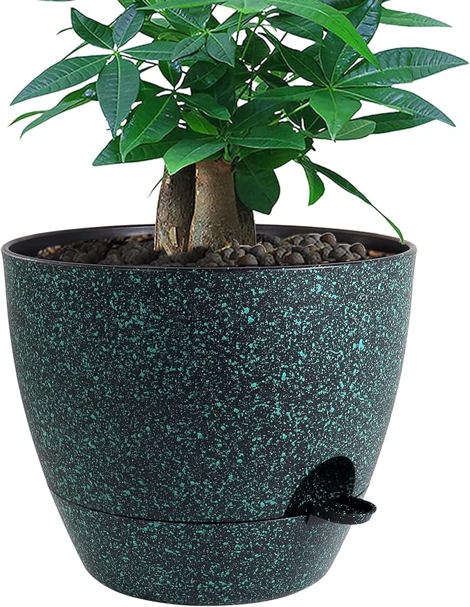 12 inch Large Self Watering Pots Plastic Planters with 60oZ Removable Deep Reservoir and Multi Mesh Drainage Holes for Indoor Outdoor Garden Plants and Flowers Black with Green Speckles