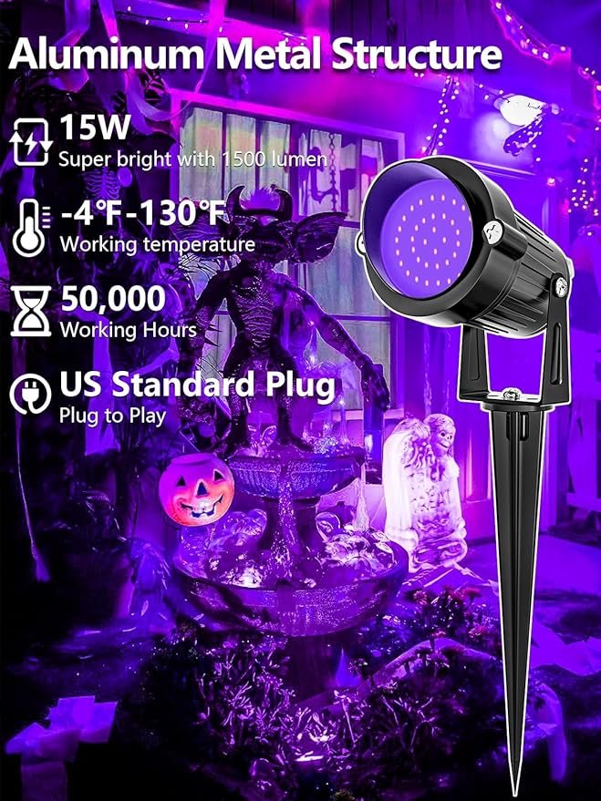 ZUCKEO Halloween Outdoor Black Light Spotlight LED Blacklight 15W Dusk to Dawn Landscape Spot Lights with US Plug for Glow Party Body Paint Fluorescent Yard Garden Decor(4Pack)
