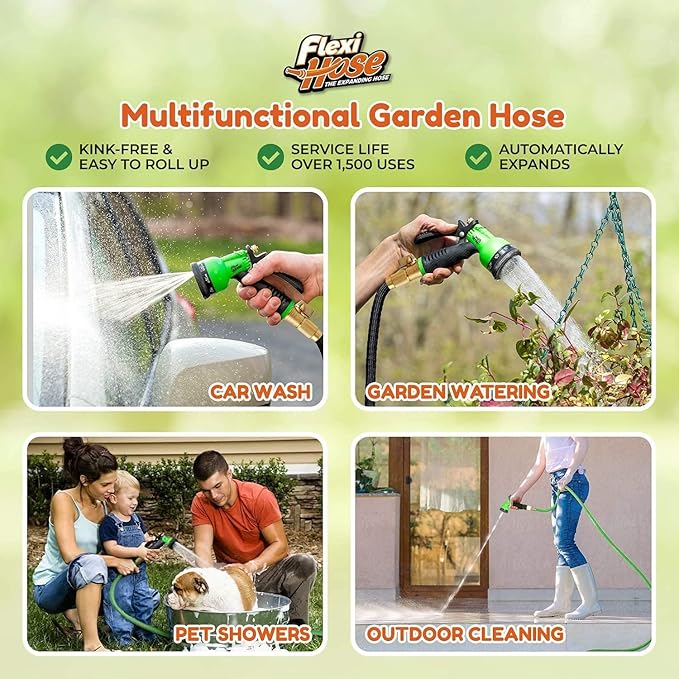 Flexi Hose Expandable Garden Hose with 8 Function Nozzle 25FT - Lightweight Retractable Garden Hose Water Hose - No-Kink Flexibility 3/4 Inch Solid Brass Fittings and Double Latex Core