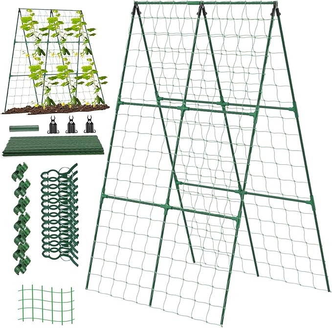 1 Set Cucumber Trellis for Raised Bed 48x48 Metal Garden Trellis Foldable A Frame Detachable Plant Support for Climbing Plants Tomato Squash Vegetable Cucumber for
