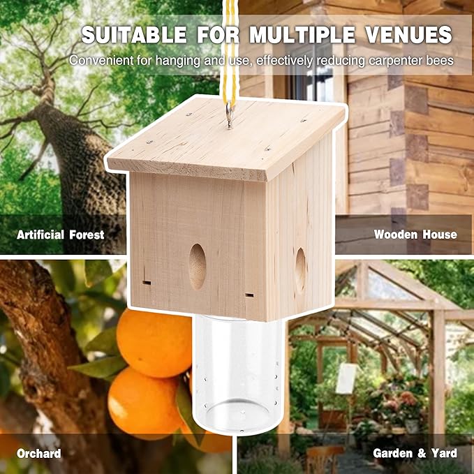 Carpenter Bee Trap for Outside - Pentroof Style Nature Hanging Wood Carpenter Bee Traps Outdoor - Best Bee Trap - Insect Traps with Removable Vault (2 Pack)
