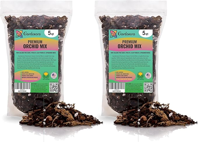 GARDENERA Orchid Soil Mix - 10 Quart - Hand Mixed Premium Classic Sphagnum Moss Potting Soil Mix - for Phalaenopsis Orchid (2 Bags of 5qt)
