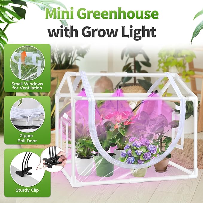 Indoor Mini Greenhouse with Grow Light Tabletop Small Greenhouse for Beginners All-in-One Tiny Plant Nursery Kit with Adjustable LED Light &amp Timer Smart Grow Tent for Herbs Gardening Gift