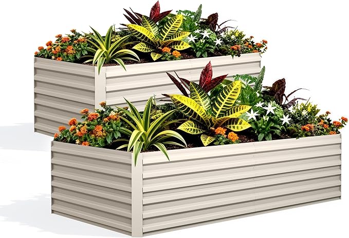 OUTLANE 2 Pack 8x4x2 ft Galvanized Raised Garden BedOutdoor Planter Box Metal Patio Kit Planting BedRust-Resistant Raised Garden Beds for Vegetables Flowers and SucculentsBeige