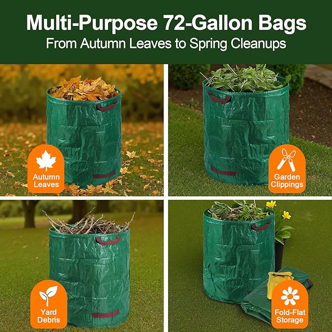 72 Gallon Reusable Yard Waste Bags (3 Pack) Heavy Duty Stand-Up Leaf &amp Lawn Bags 150 GSM Woven PP (PE Coated) Double-Layer Bottom Top &amp Bottom Reinforced Handles Cowhide Gloves Included