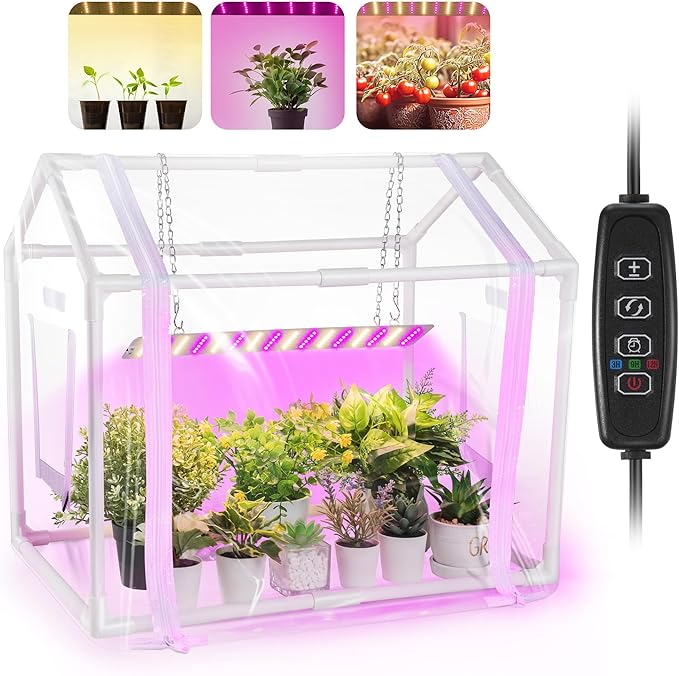 Meonum Mini Greenhouse for Indoor Outdoor Portable Green House with 15W Plant Dimmable LED Grow Lights Timer 3 Light Color Mode for Indoor Outdoor Seed Starter Tray(23.6x15.7x19.6)