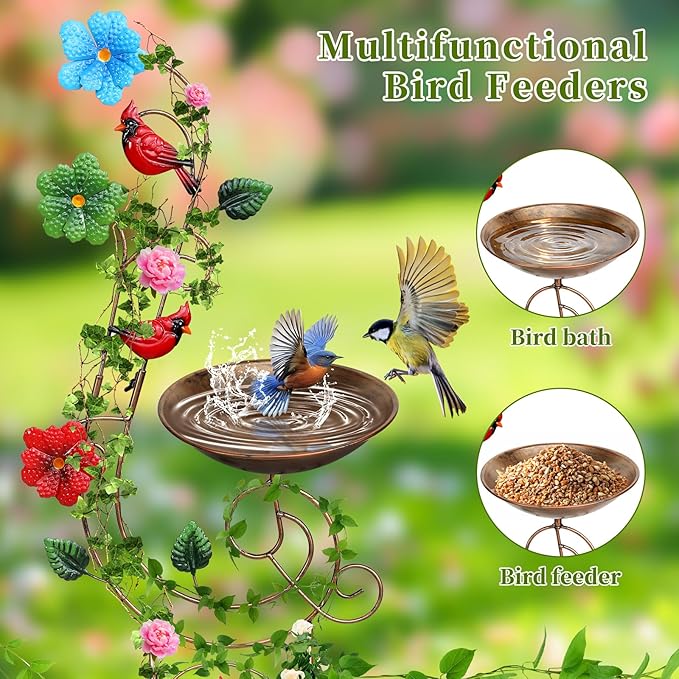 57” Bird Bath with Garden Trellis for Climbing Plants Outdoor Small Decorative Trellises Metal Birdbath Bird Baths 1 Piece (Redbird)