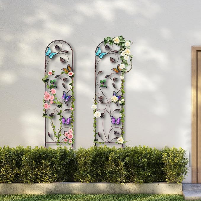 aboxoo Set of 2 Packs Butterfly Metal Garden Trellis for Climbing PlantsOutdoor Decorative Flowers Arch Fence Trellis for Outdoor PatioGardenLawnYardBackyardWall Brackets60'' H x 11'' W