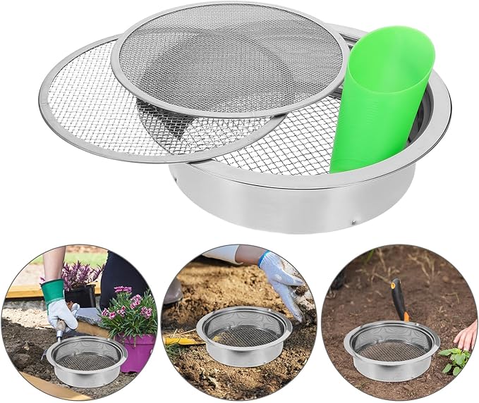 Stainless Steel Garden Soil Sifter Set with 1mm 3mm 6mm Mesh Screens and Plastic Shovel for Compost Sifting and Potting Soil Filtration