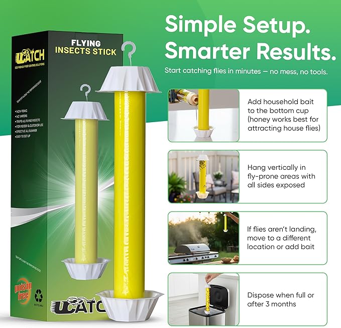 Sticky Fly Trap Indoor &amp Outdoor Pack of 8 | Hanging Fly Stick for Gnats Flies Wasps Mosquitoes &amp Other Flying Bugs | Fly Trap Sticky | Fly Catcher Indoor | Flying Insect Trap Rolls | Ucatc
