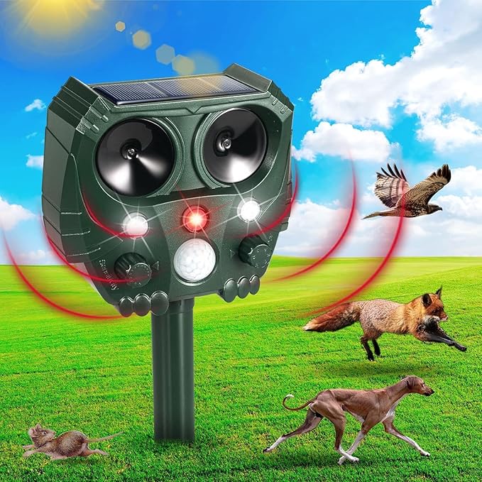 Solar Animal Repeller Ultrasonic Animal Repeller Outdoor Cat Deterrent Deer Repellent with Motion Sensor &amp Led Strobe Light Squirrel Dog Raccoon Rabbit Skunk Repellent for Yard Garden