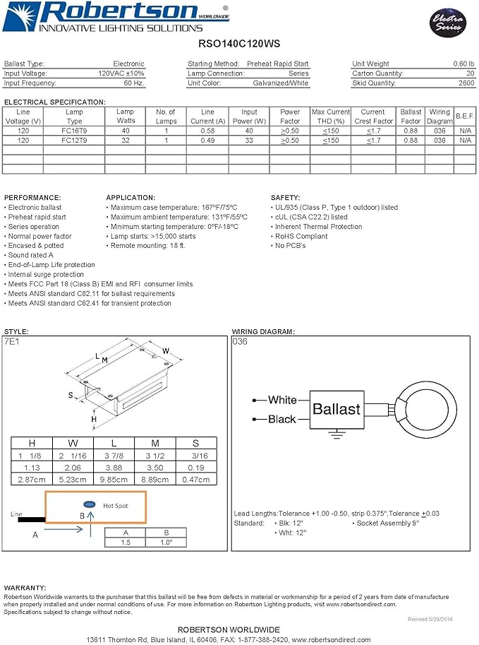 Robertson RSO140C120WS (3P20129) Electronic Preheat Rapid-Start Circline Ballast 120V for Single FC16T9 (40 W) or FC12T9 (32 W) Lamps (Qty 1)