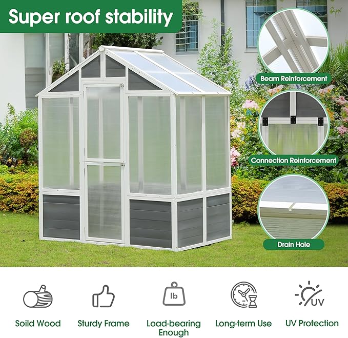 Polycarbonate Greenhouse Outdoor Walk-in Hobby Green House for Patio Backyard Lawn Wooden Greenhouse Garden Shed for Plants Grow House with Front Entry Door (76x48x86 in)